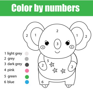 Çocuk eğitim oyunu. Şirin koala ile boyama sayfası. Sayı, yazdırılabilir etkinlik, çalışma sayfası tarafından küçük çocuklar ve okul çağı öncesi için renk. Hayvan Tema