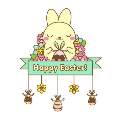 Mutlu Paskalya selamlar. Çiçekler arasında oturan sevimli tavşan. Tatlı paskalya tavşanına yumurta. İzole vektör simgesi, afiş