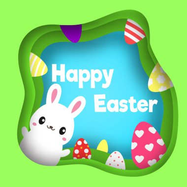 Mutlu paskalyalar. Sevimli tavşan karakterle renkli Paskalya afiş. Arka planda kağıt kesme, kağıt el sanatları tarzı. Bahar mevsimlik selamlar