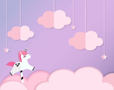 Menekşe cennetinde pembe bulutlar üzerinde tek boynuzlu at. Kağıt kesiği geçmişi, kağıt işçiliği tarzı. Çocuklar için çocuk tasarımı, afişler, davetiyeler