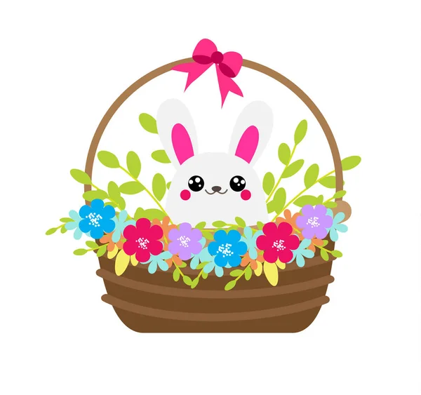 Mignon lapin en fleurs. Lapin assis dans le panier — Image vectorielle