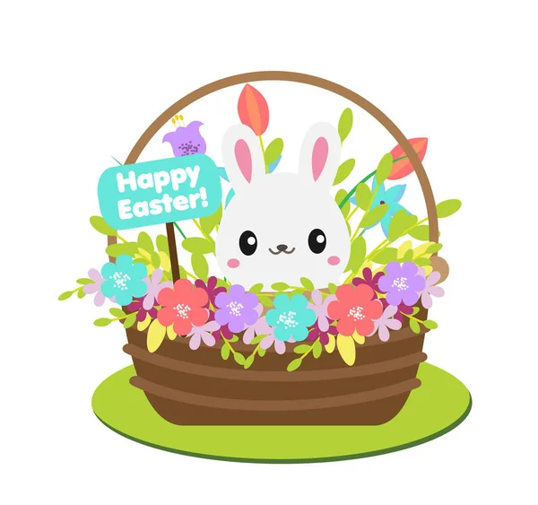 Милый кролик сидит в корзине. Кролик в цветах. Счастливая Пасха — стоковый вектор