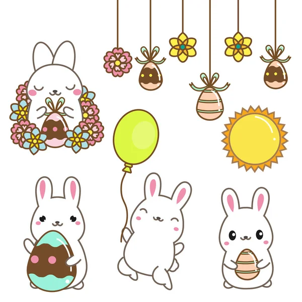 Lindos conejitos de dibujos animados. Conejos de Pascua con huevos y flores. Clip art aislado para el diseño de Pascua, pegatinas. Estilo Kawaii — Vector de stock