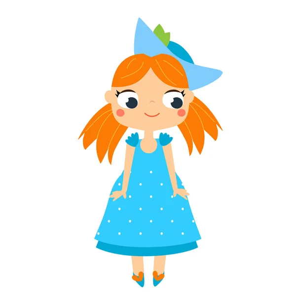 Süßes Ingwermädchen Blauem Sommerkleid Und Hut Vektorillustration Clip Art — Stockvektor