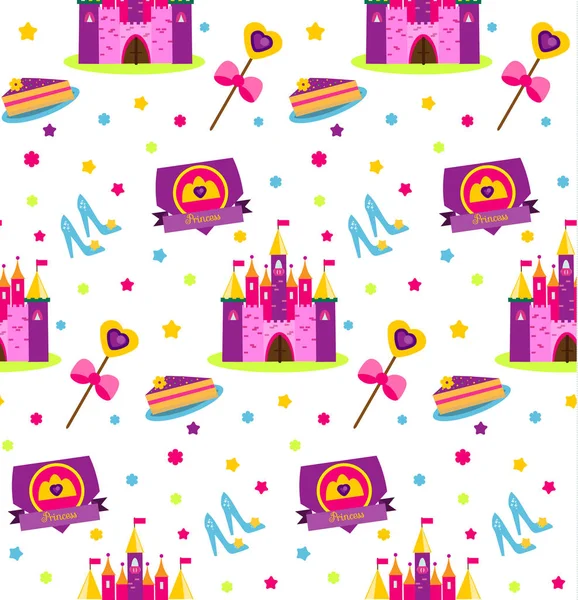 Patrón de fiesta princesa. Fondo vectorial con elementos de diseño de las niñas. Castillo, zapatos, varita, pastel. Para invitaciones a fiestas, envolturas de regalos, papeles para álbumes de recortes — Vector de stock