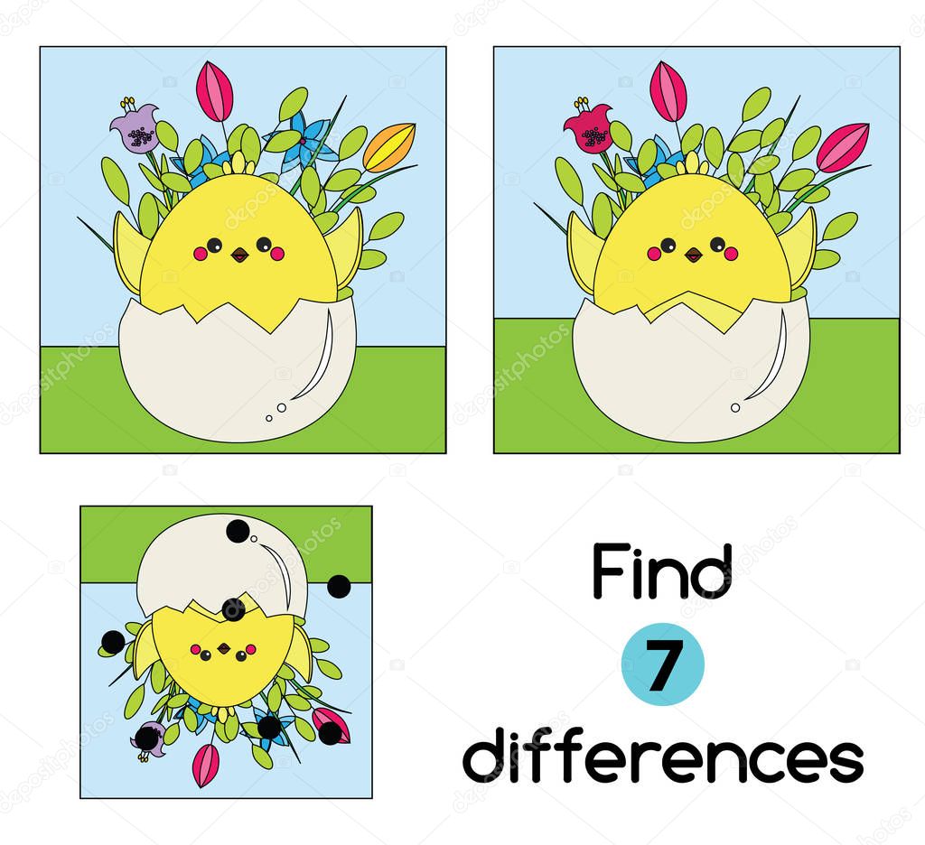 Find the differences educational children game. Kids activity sheet with Chicken in egg. Easter theme