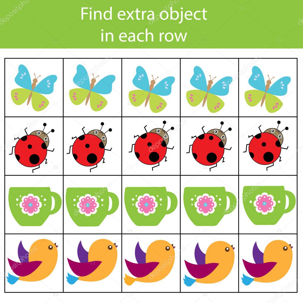 Educational children game. Logic game. Find extra object in row. What does not fit type