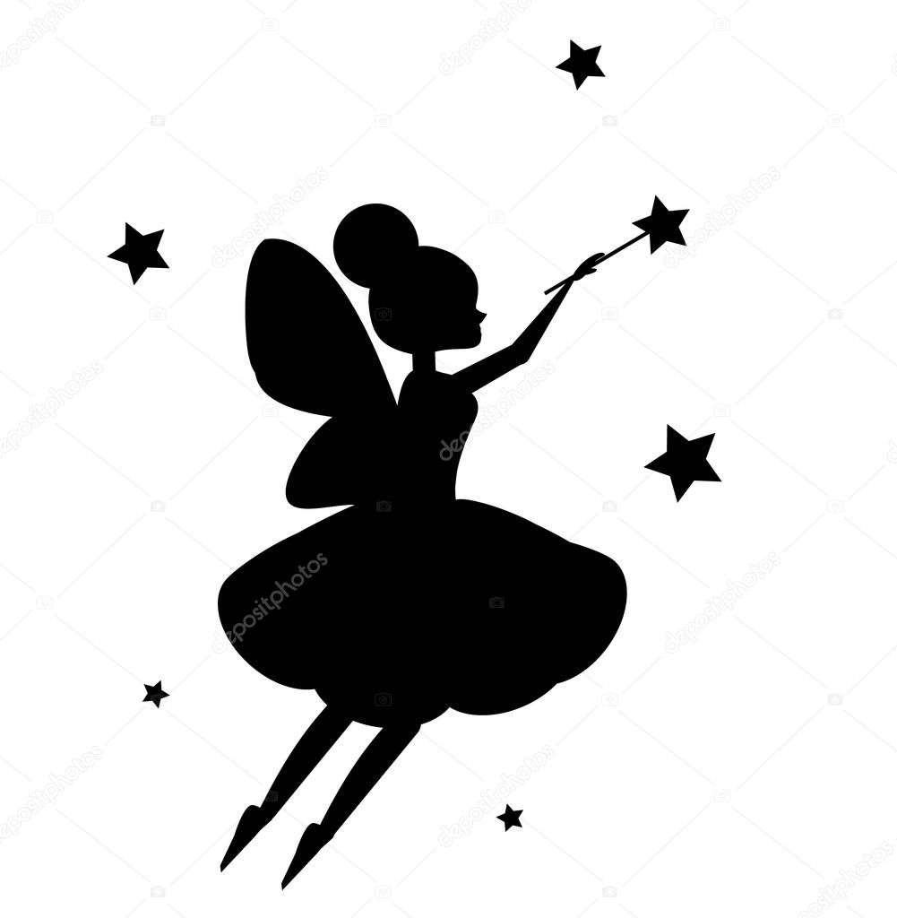 Flying fairy flapping magic wand. Black silhouette isolated on white background. Vector ilustration