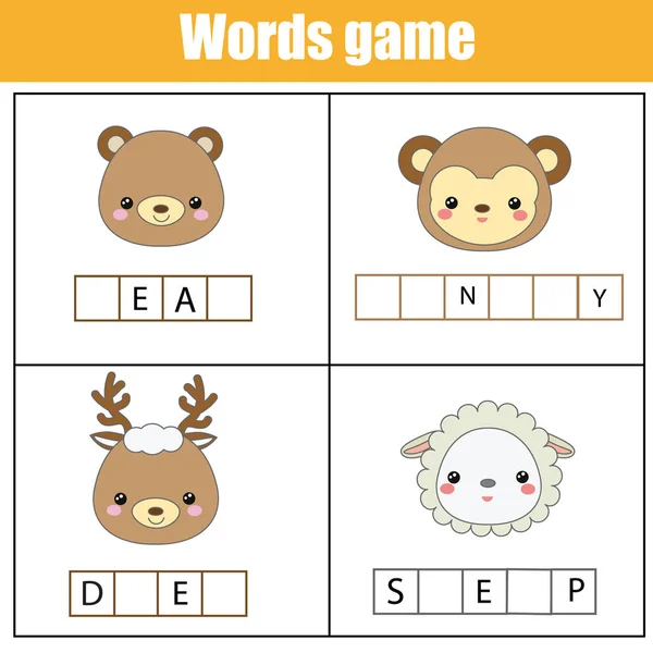 Bildungsspiel für Kinder. vervollständigen Sie die Wörter Kinderaktivität. Tierthema. Vokabeln lernen — Stockvektor