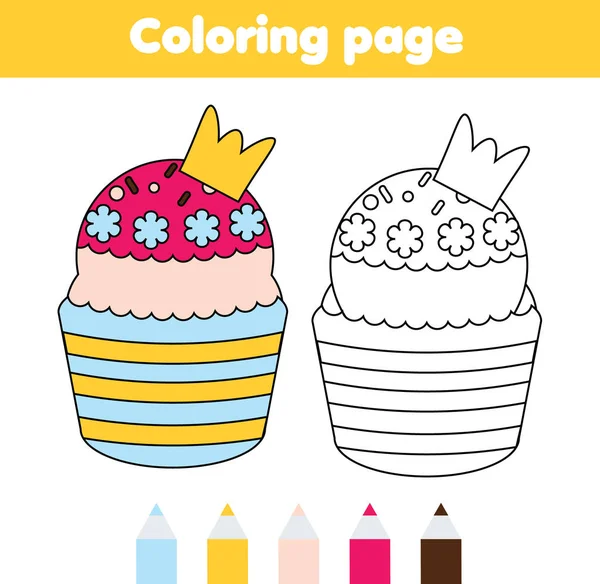 Coloriage. Jeu éducatif pour enfants. Délicieux cupcake princesse. Dessin des enfants activité imprimable . — Image vectorielle