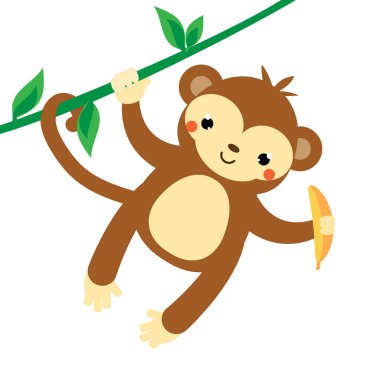 Sevimli maymun. Çizgi film marmoset muz tutan liana üzerinde asılı. Afrika hayvan. Kawaii tarzı. vektör çizim. İzole küçük resim