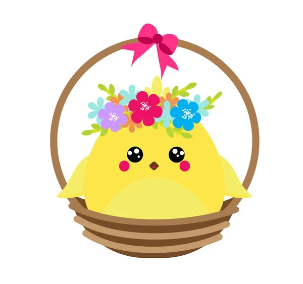 Lindo gallo de dibujos animados pollo sentado en la cesta con flores. Clip art aislado para el diseño de Pascua y saludos de temporada — Vector de stock
