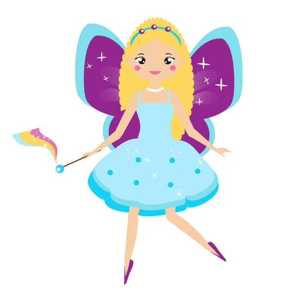 Летающий сказочный персонаж с фиолетовыми крыльями. Эльфийская принцесса с волшебной палочкой. Карикатурный стиль — стоковый вектор