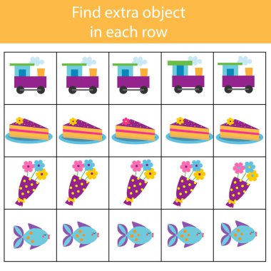 Eğitim çocuk oyunu. Mantık oyunu. Fazladan nesneyi satır bulun. Ne türü uygun değil