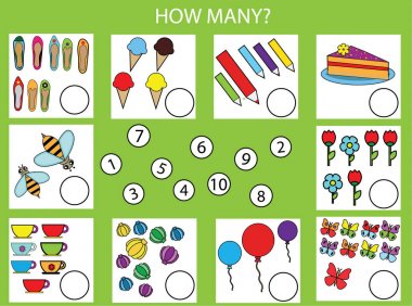 Eğitim çocuk oyunu sayma, matematik etkinlik çocuklar. Kaç nesneleri görev