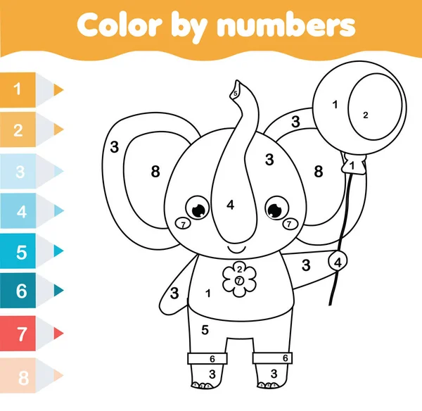 Kinder Lernspiel Malvorlage Mit Elefant Farbe Nach Zahlen Druckbare Aktivität — Stockvektor