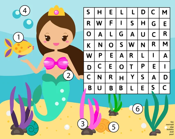 単語の検索のパズルは子供の活動です 教育子供のゲーム女の子のため 語彙を学習します 前の学年や幼児のためのワークシート マーメイドの世界 — ストックベクタ