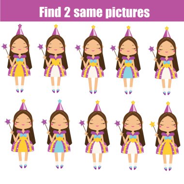 Aynı resimleri bulun. Çocuk eğitim oyunu. Prenses eşit çiftleri bulun. Küçük çocuklar ve kızlar için faaliyet