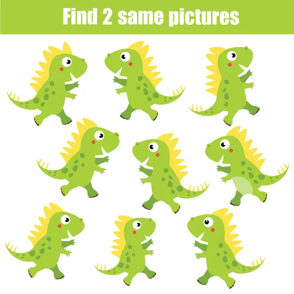 어린이 교육 게임 같은 그림을 찾아. 동물 테마, 녹색 공룡 — 스톡 벡터