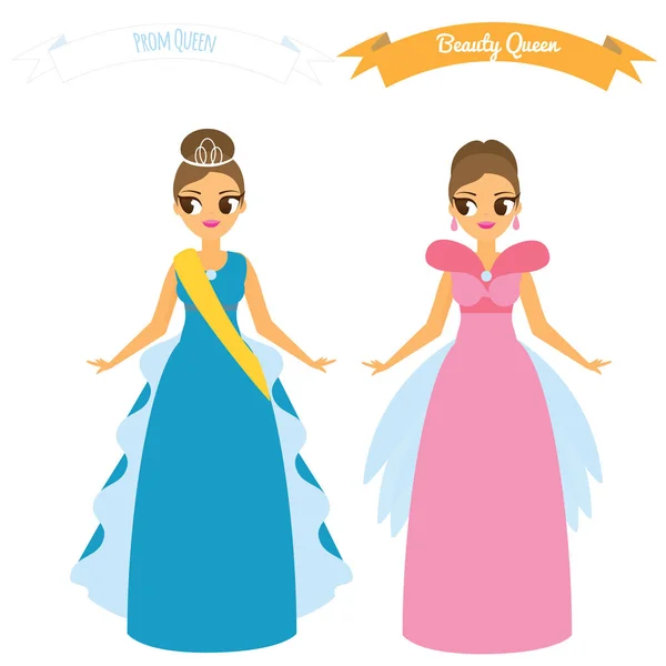 Desenhos animados fêmeas em vestidos de festa de noite vestido longo. Rainha da beleza. Conceito de rainha do baile — Vetor de Stock