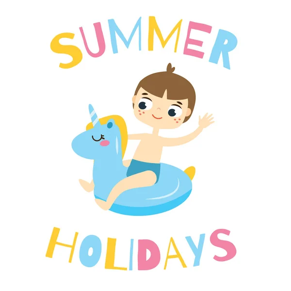 Boy Sitting Swimming Circle Unicorn Kid Having Summer Holidays Fun — Stock Vector