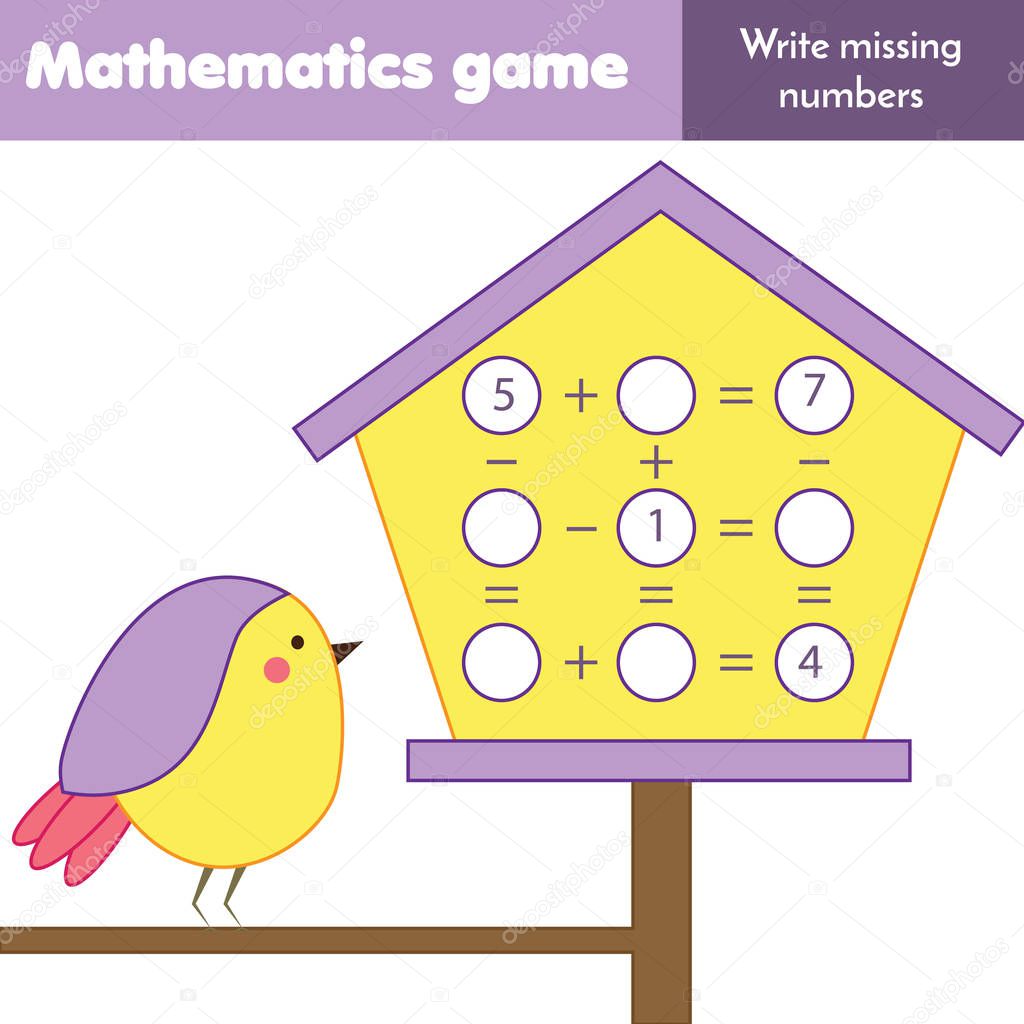 Math educational game for children. Counting equations. Study subtraction and addition. Mathematics worksheet for kids