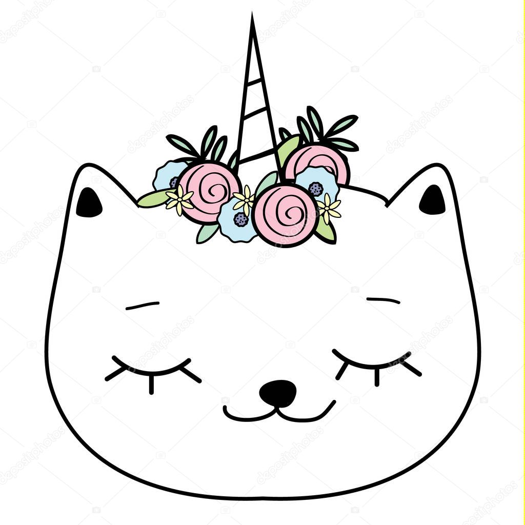 cute cat unicorn horn caticorn doodle hand drawn style stock vector