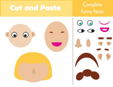 Kesin ve çocuk eğitim oyunu yapıştırın. Kağıt kesme etkinliği. Tutkal ve makas ile tam Komik suratlar. Çıkartmalar yeni yürümeye başlayan çocuklar için oyun