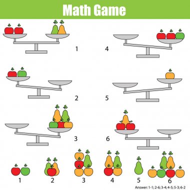 Çocuklar için matematik eğitici bir oyun. Ölçeğin denge. Sayma, matematiksel denklemi, ağırlık ve cebir öğrenme