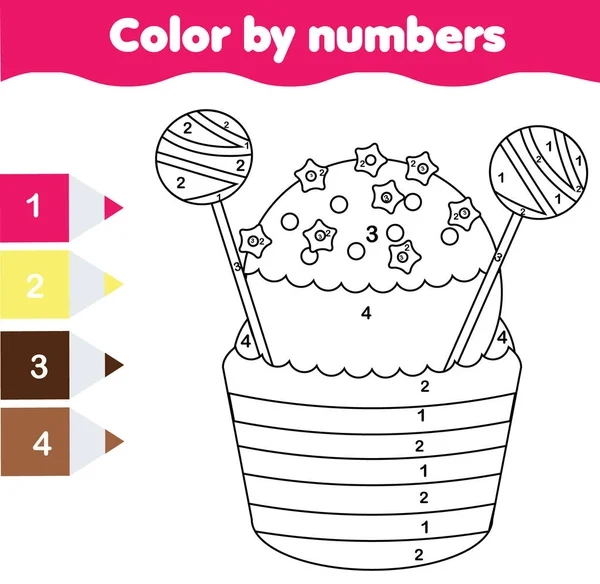 Jeu éducatif pour enfants. Coloriage avec cupcake. Couleur par numéros, activité imprimable — Image vectorielle