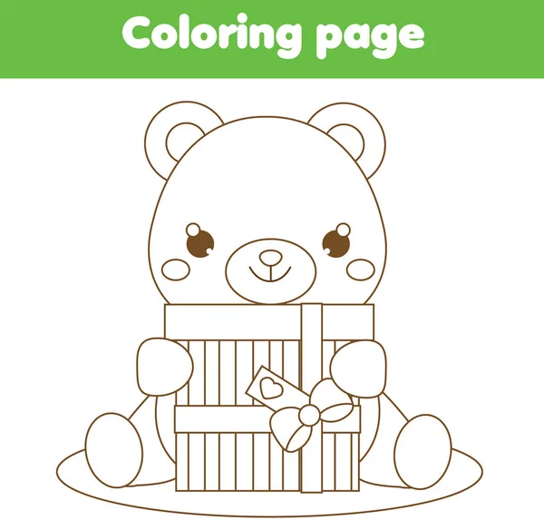 Página Para Colorear Con Lindo Oso Peluche Que Sostiene Caja — Vector de stock