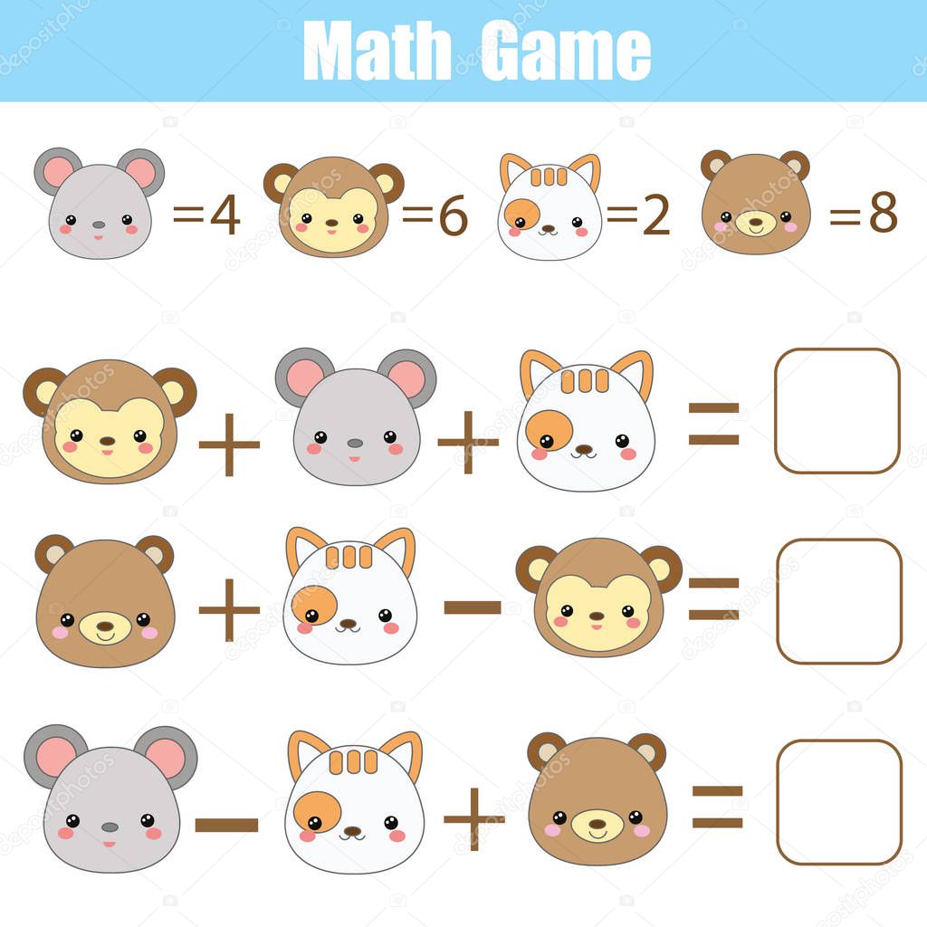 Math educational game for children. Counting equations. Mathematics worksheet with cute animals faces