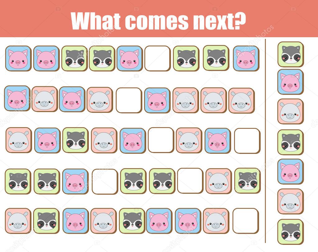 What comes next educational children game. Kids activity sheet, training logic, continue the row task with animals faces