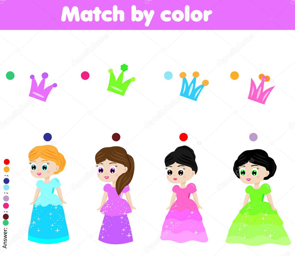 Educational children game. Match by color. Princess theme kids activity