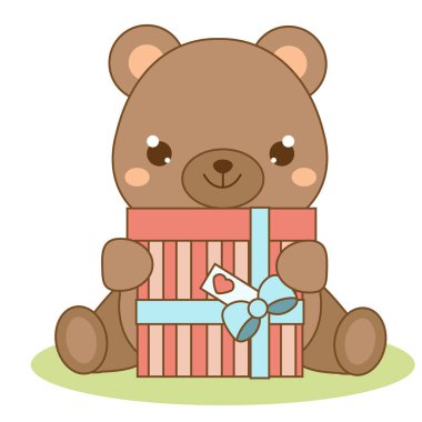 Sevimli Ayıcık hediye kutusu tutarak. Karikatür hayvan kawaii tarzı. İzole vektör çizim