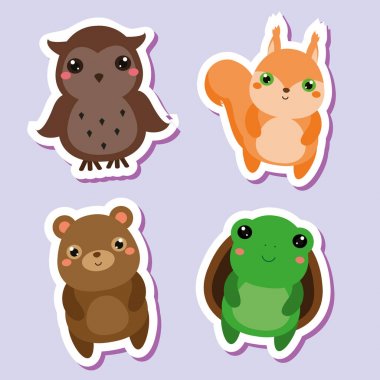 Şirin kawaii hayvanlar çıkartmaları kümesi. Vektör çizim. Baykuş, sincap ayı, turtle. Çocuk stil, çocuklar için izole tasarım öğeleri. Simgeler