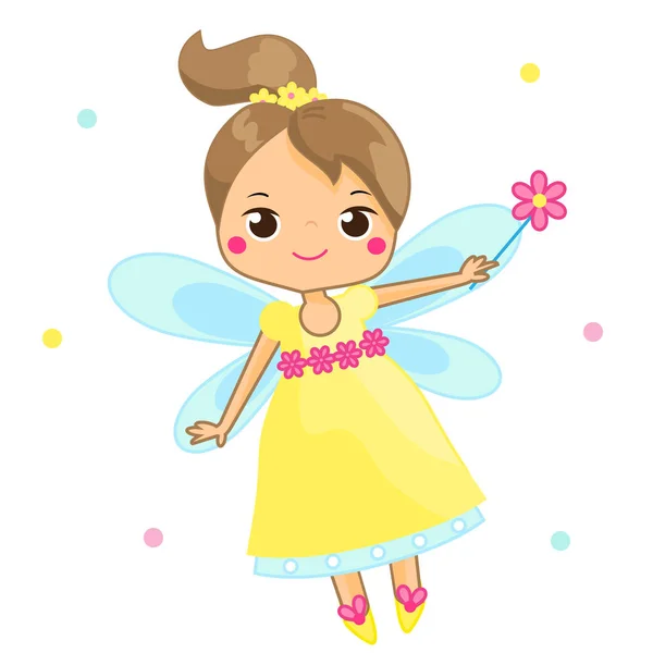 Cute Fairy Flapping Magic Wand Cartoon Flying Fairy Pixie Elf — Stock Vector