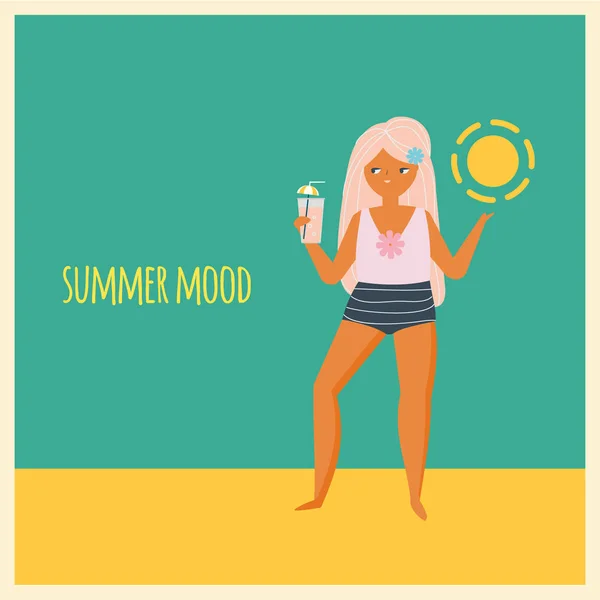 Trendiges Mädchen, das am Strand steht und Limonade trinkt. Minimaler Sommerbunker in Vintage-Farben — Stockvektor