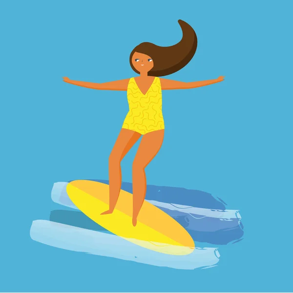 Girl in yellow swimsuit surfing on board. Beach sport activity
