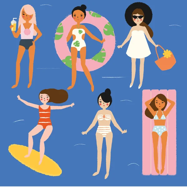 Actividad Verano Chicas Divirtiéndose Playa Surf Natación Relax Mujeres Moda — Vector de stock