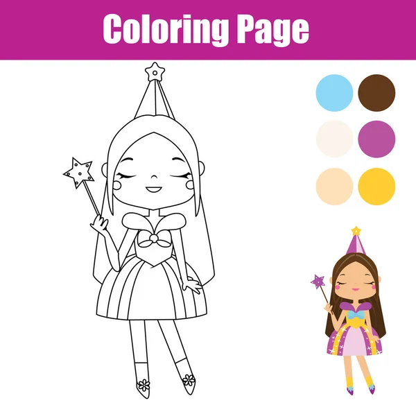 Princesa para colorear página. Juego educativo. Actividad imprimible para niños pequeños — Vector de stock