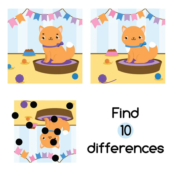 Знайдіть відмінності в освітній грі для дітей. Дитячий аркуш діяльності з кішкою — стоковий вектор