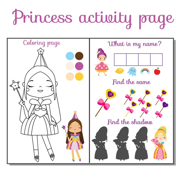 Princezno téma stránce aktivita pro děti. Herní sada vzdělávání dětí — Stockový vektor