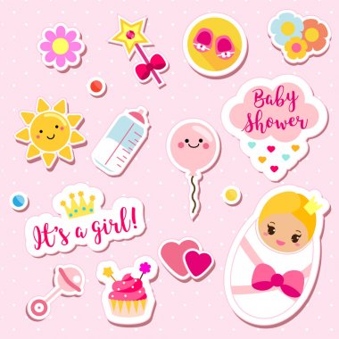 Bu bir kız çıkartmaları pembe renklerde ayarla. Çocuklar, çocuklar tasarım öğeleri için karalama defteri. Bebek duş ve diğer çocuk odası tasarımı için yeni doğan sembolleri ile dekoratif vektör simgeleri