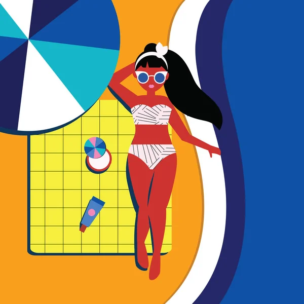 Frau liegt unter Sonnenschirm in der Nähe des Schwimmbades. Vektor-Illustration für das Thema Sommerferien — Stockvektor