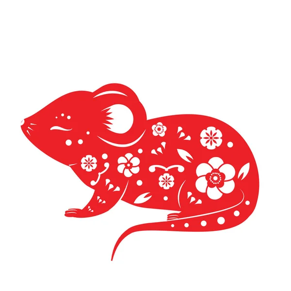 Rat for Chinese new year 2020 in oriental style. Mouse silhouette. Red color, printable sticker — Stock Vector
