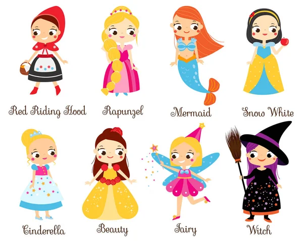 Söta sagofigurer. Snövit, röd ridning huva, rapunzel, askunge och andra prinsessa i tecknad stil — Stock vektor