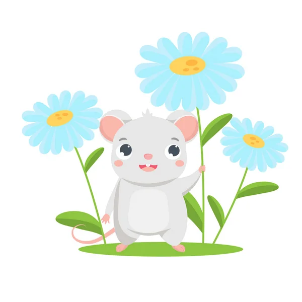Cartoon mouse. Симпатичная крысиная лавка с цветами — стоковый вектор
