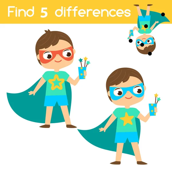 Finden Sie die Unterschiede pädagogische Kinder Spiel. Kinderaktivität mit superkid boy — Stockvektor