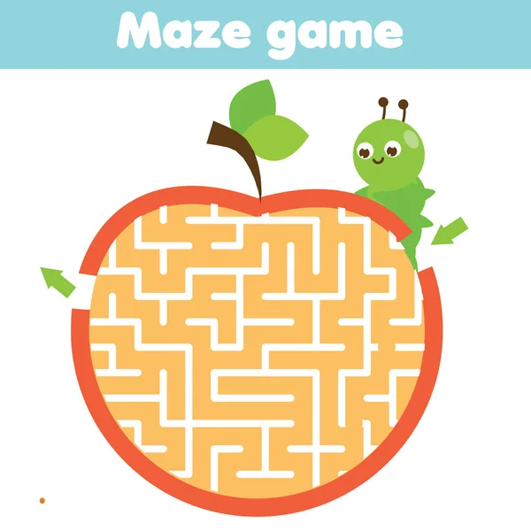 Maze puzzle. Help caterpillar go through apple. Activity for and kids. educational children game. Insects theme worksheet — Stock Vector